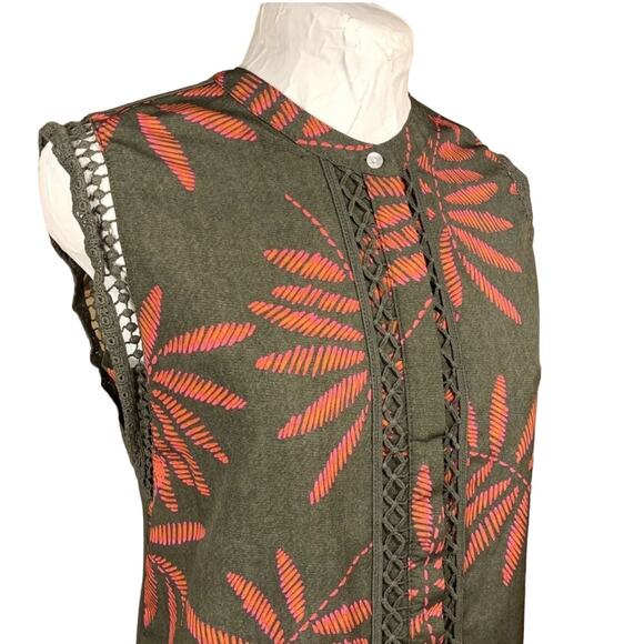 Tropical Palm Leaf Sleeveless Button Top Womens XS Green Coral Resortcore Boho - Picture 8 of 12